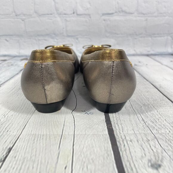 Vintage 90’s Loafers Womens 9.5 Silver Gold Leather Bow Flat Comfort Shoes Party - Picture 5 of 13